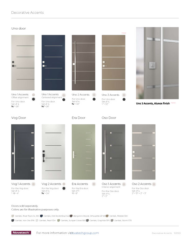 Personalize the Design Collection doors with Decorative Accents. Made of Alunox - a material which offers the appearance of brushed stainless steel with all the advantages of aluminum: no corrosion, no oxidation or fingerprints. Elegant design with beveled contour. Installation with automotive grade tape for added durability. Decorative Accents are available in Matte Black and Brushed Stainless Steel.
